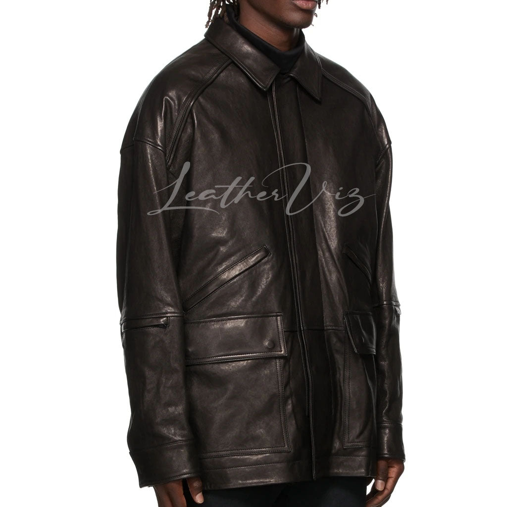 BLACK LEATHER CAR COAT FOR MEN