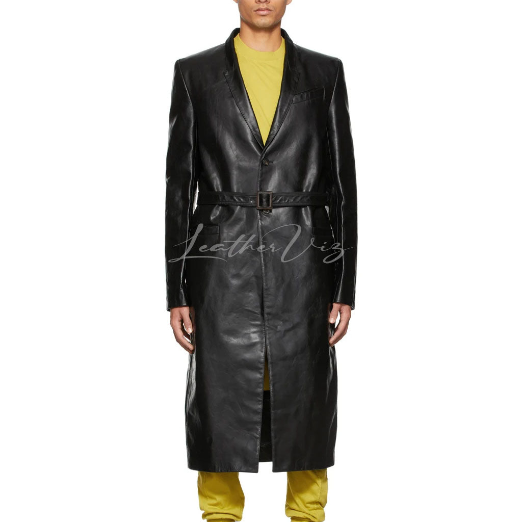 BLACK LEATHER TRENCH COAT FOR MEN