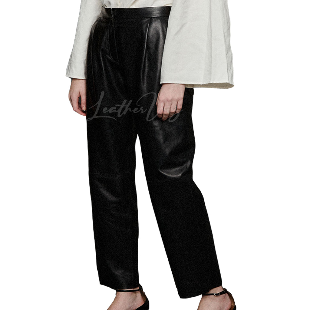 BLACK PLEATED LEATHER TROUSERS FOR WOMEN