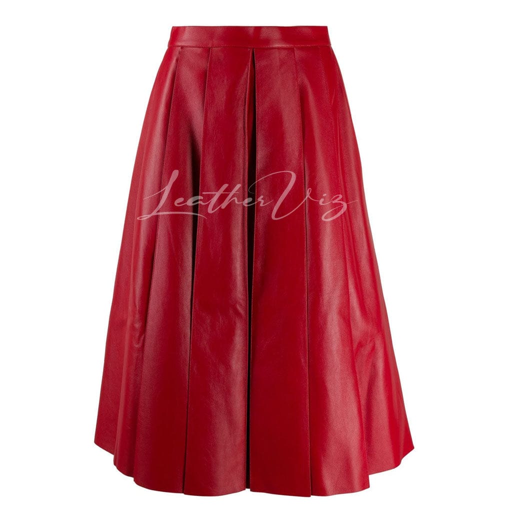 BOX PLEATED RED LEATHER MIDI SKIRT