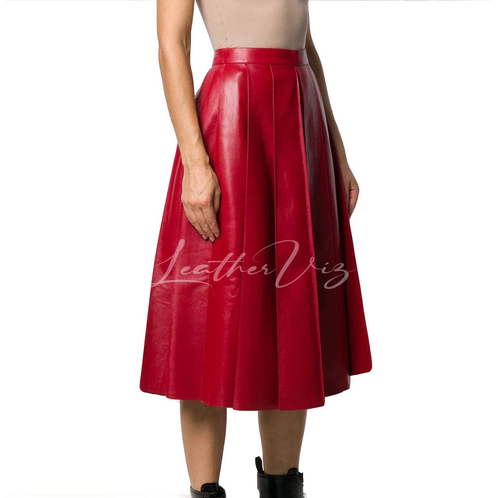 BOX PLEATED RED LEATHER MIDI SKIRT