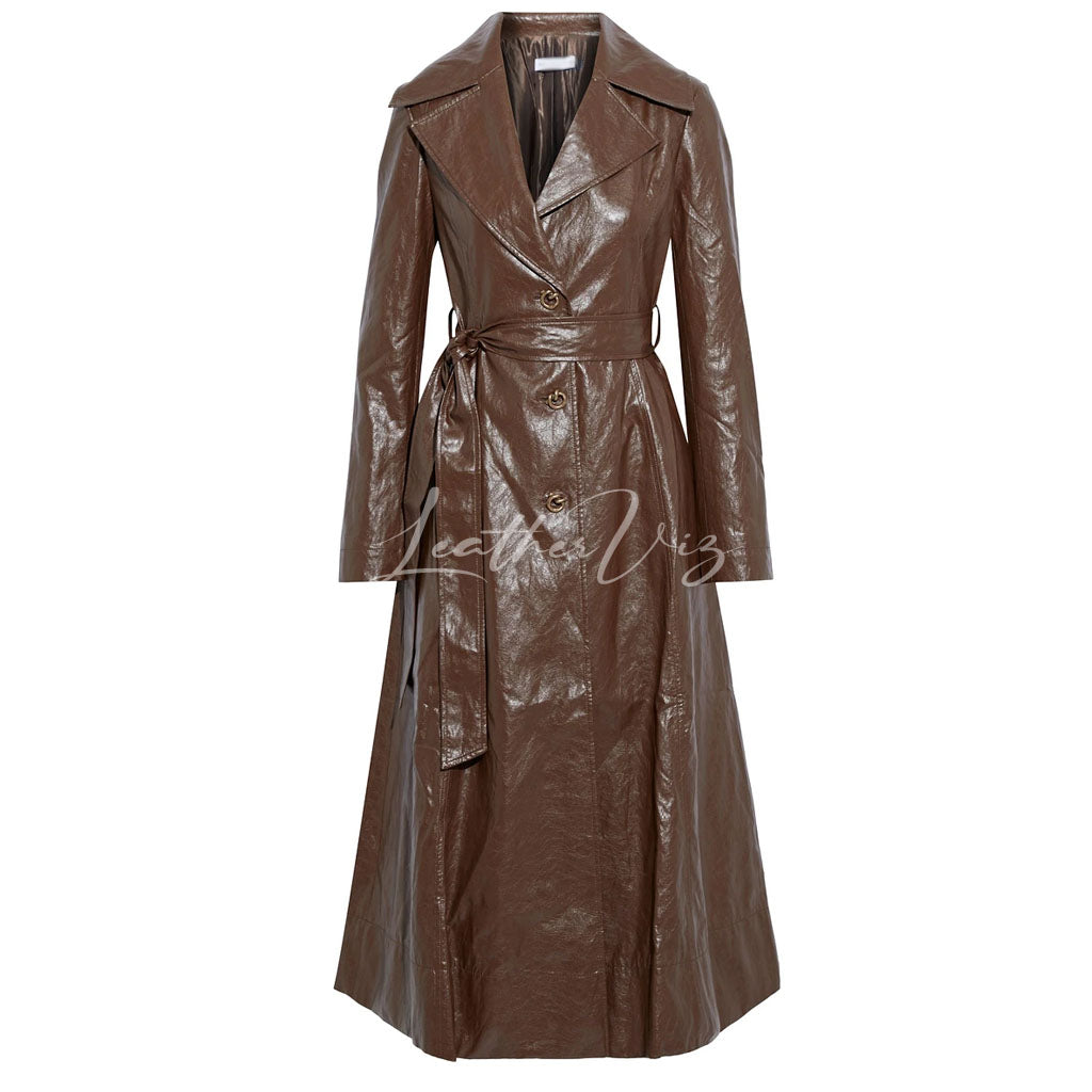 BROWN FAUX LEATHER WOMEN TRENCH COAT