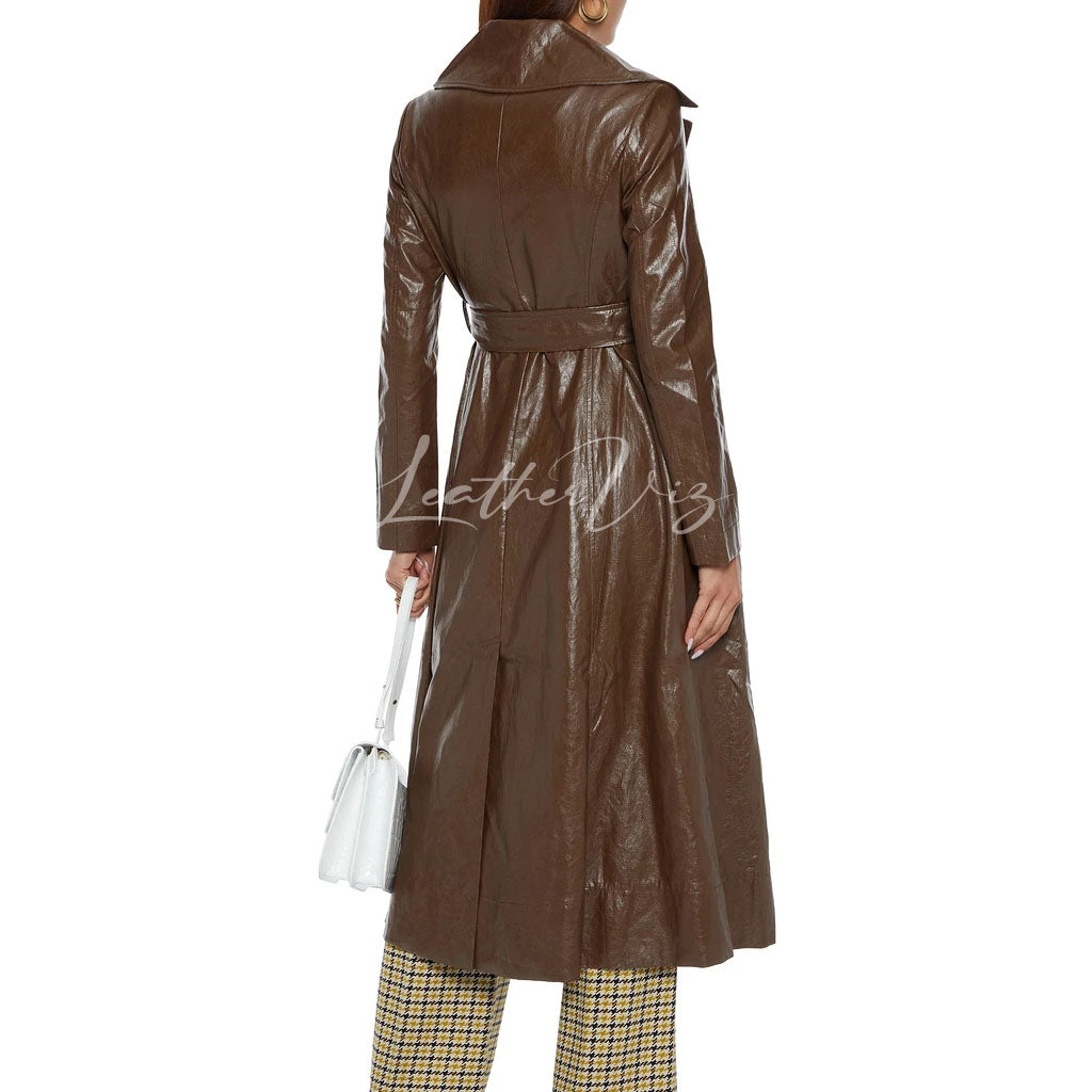 BROWN FAUX LEATHER WOMEN TRENCH COAT