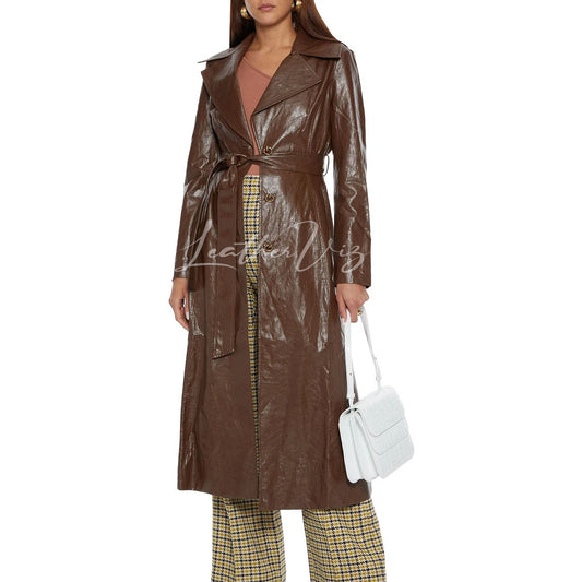 BROWN FAUX LEATHER WOMEN TRENCH COAT