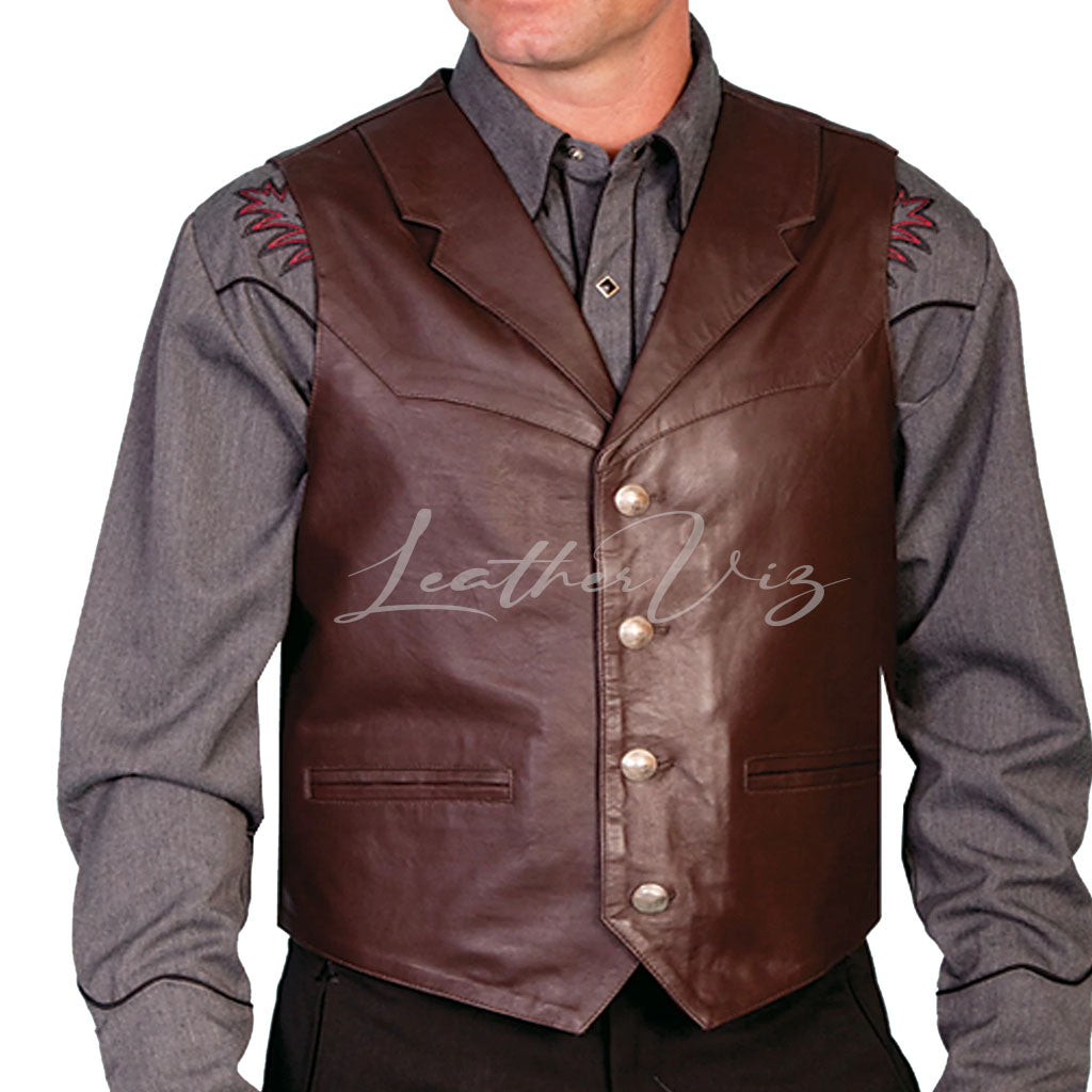 BROWN LAMBSKIN BUTTON FRONT MEN LEATHER VEST