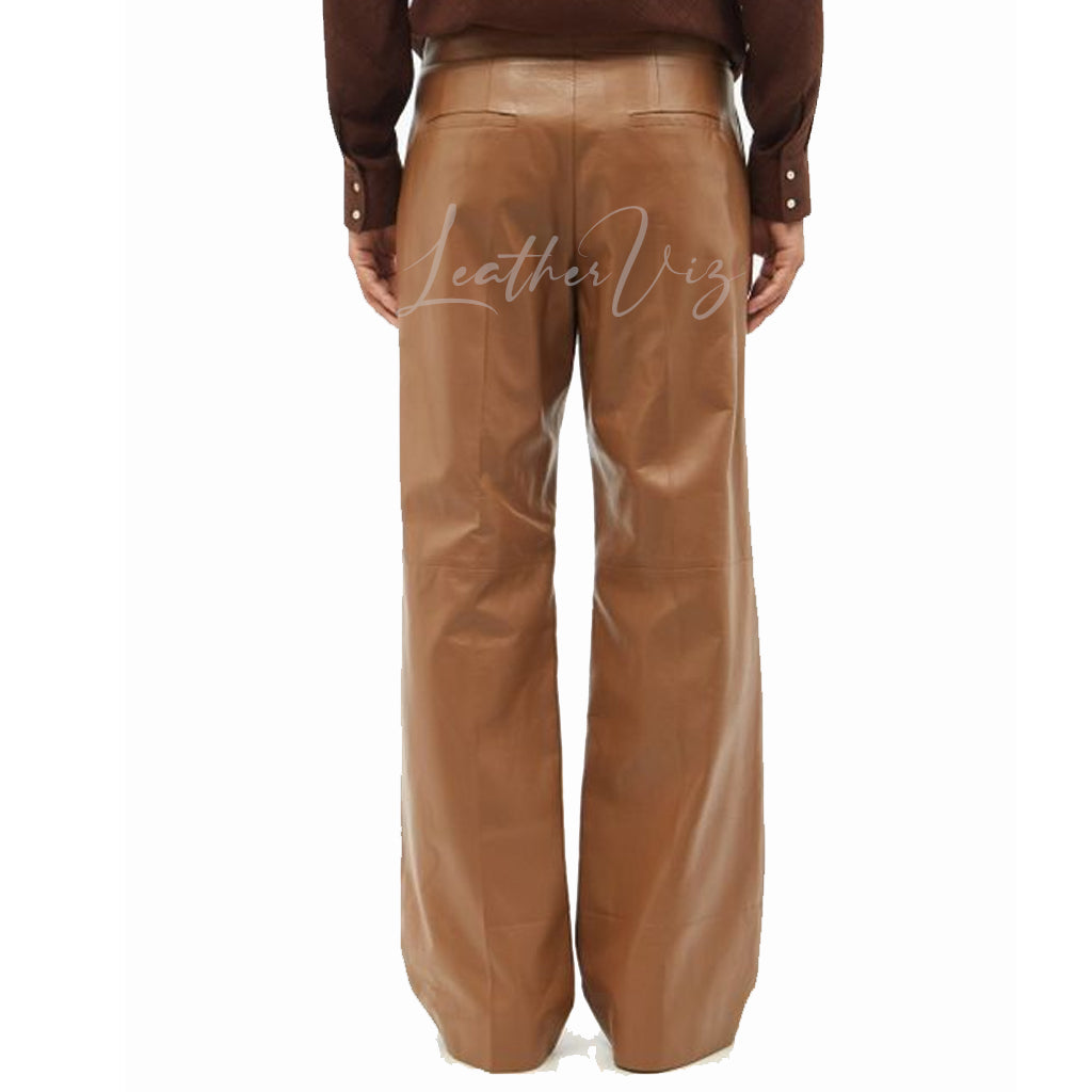 BROWN LEATHER WIDE-LEG SUIT PANTS FOR MEN