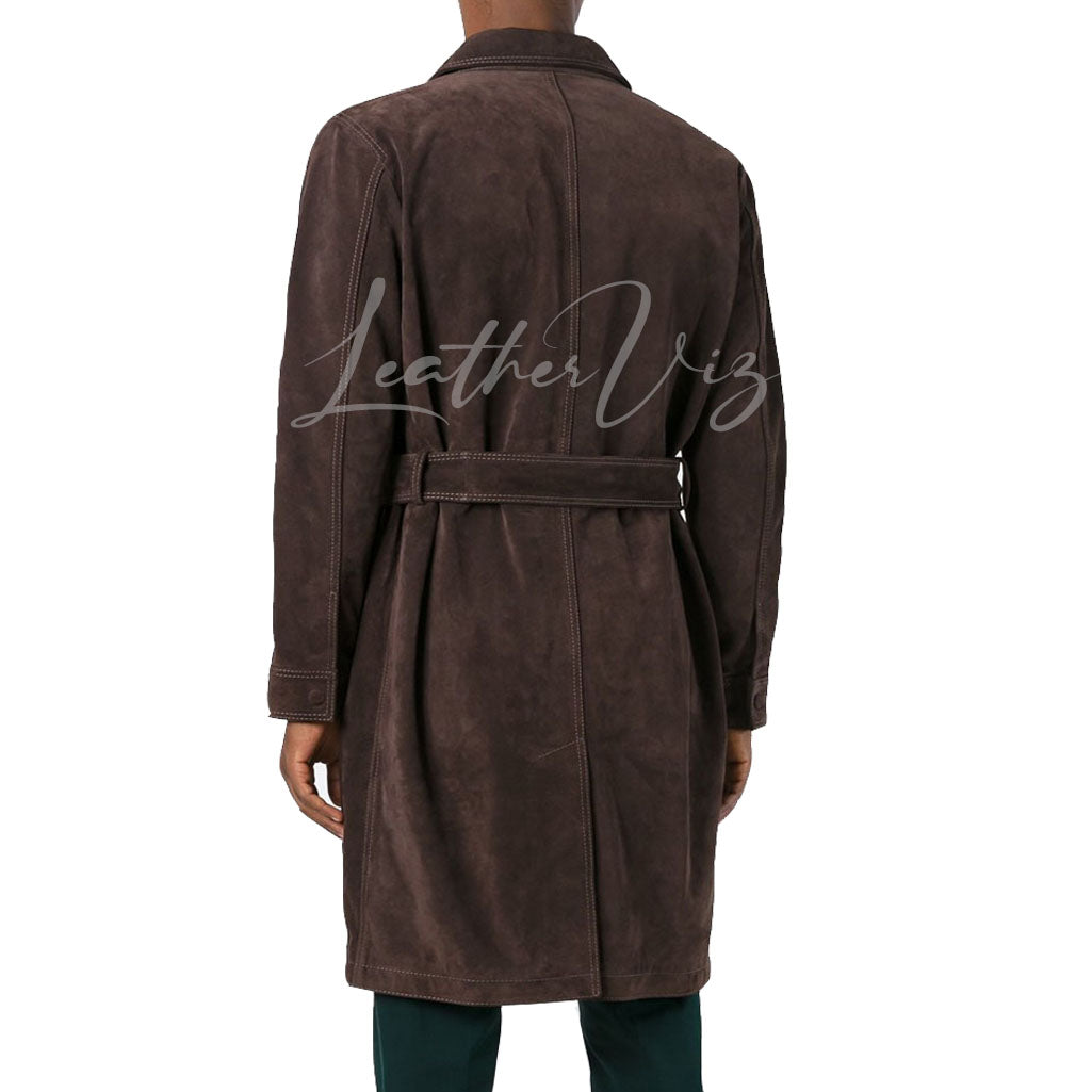 BROWN SUEDE LEATHER TRENCH COAT FOR MEN
