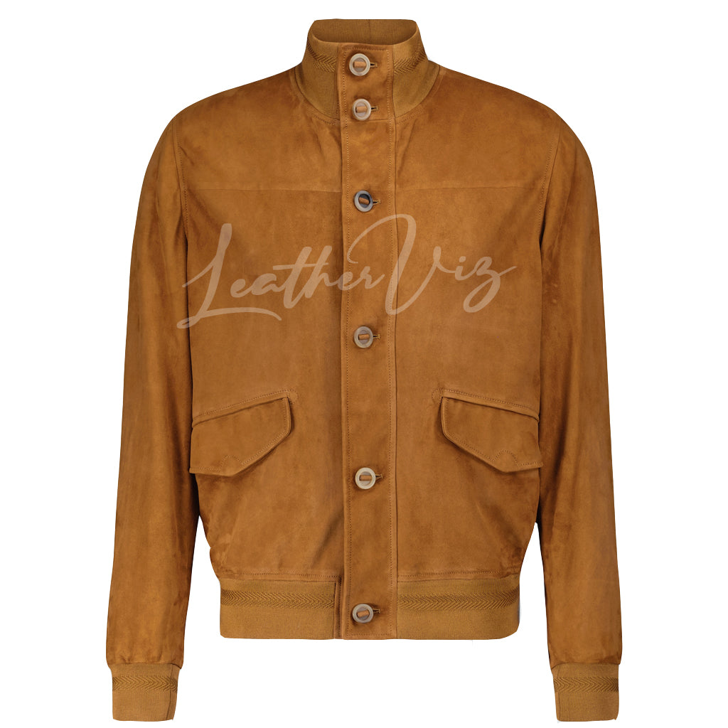 BUTTON CLOSURE SUEDE LEATHER BOMBER JACKET