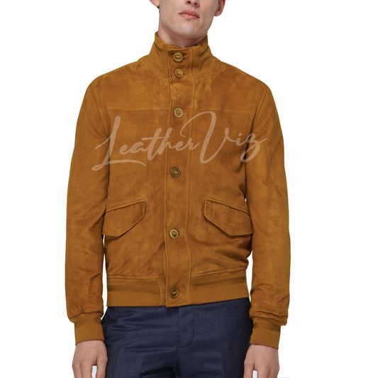 BUTTON CLOSURE SUEDE LEATHER BOMBER JACKET
