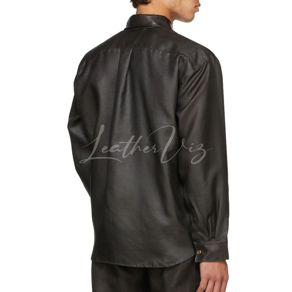 CLASSIC STYLE SPREAD COLLAR MEN LEATHER SHIRT