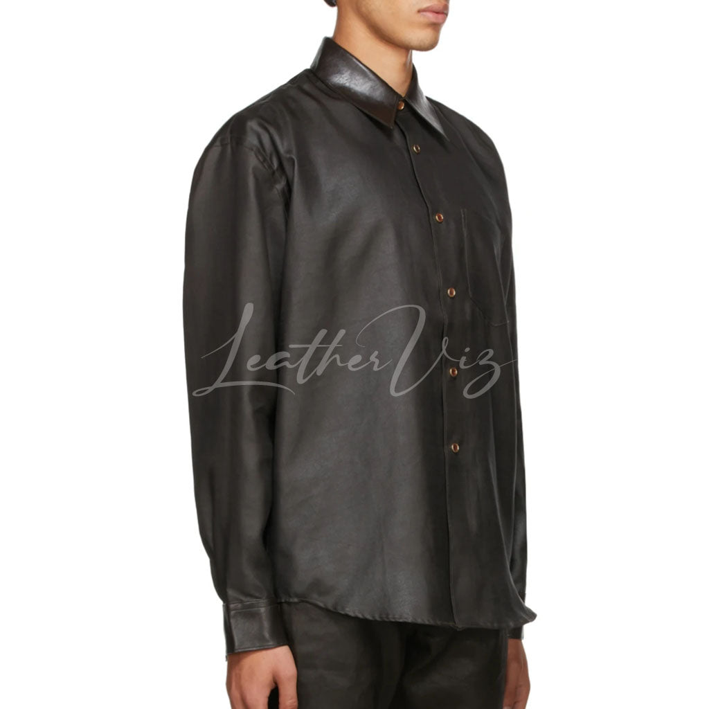 CLASSIC STYLE SPREAD COLLAR MEN LEATHER SHIRT