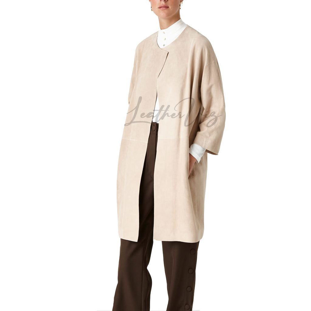 COLLARLESS SUEDE LEATHER WOMEN COAT
