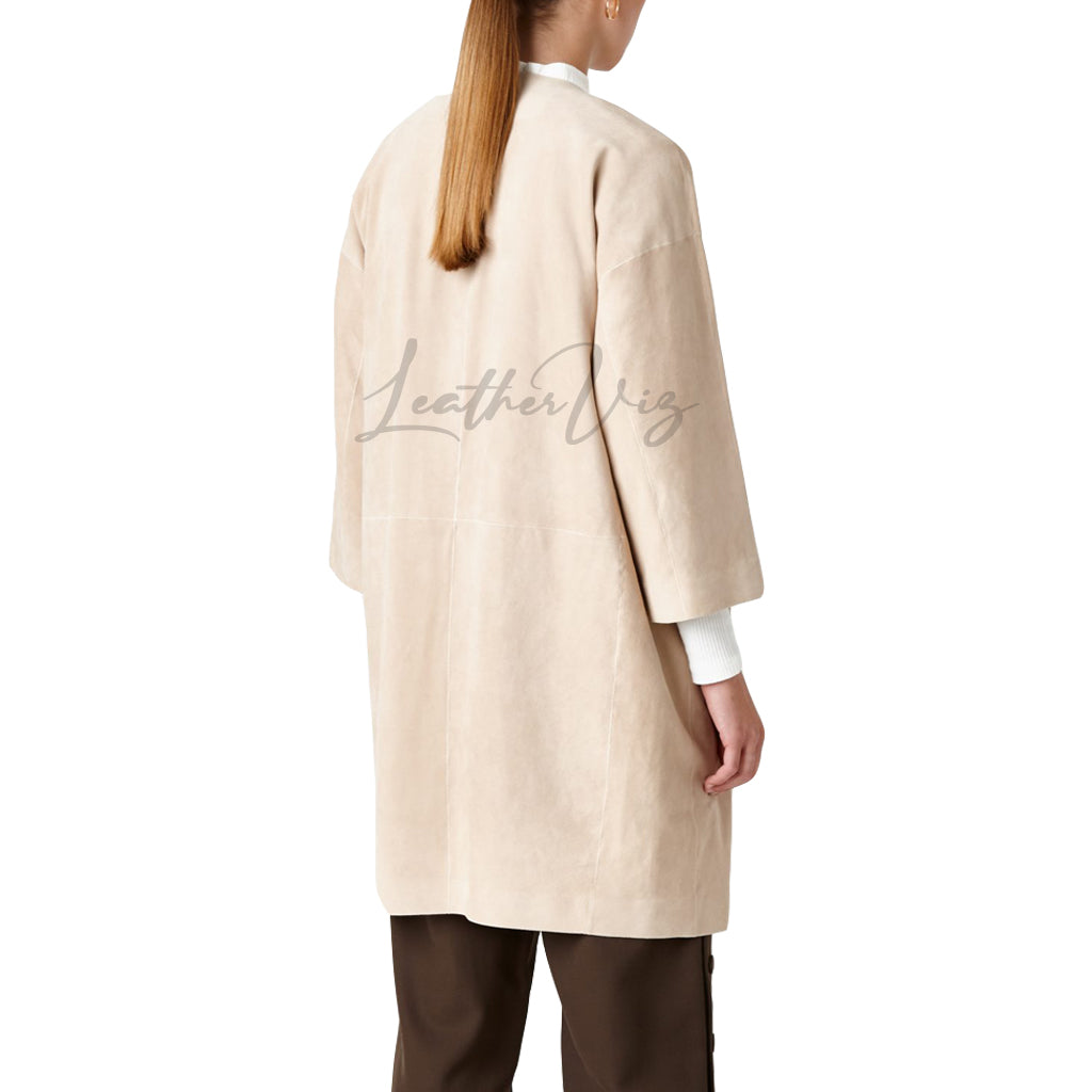 COLLARLESS SUEDE LEATHER WOMEN COAT