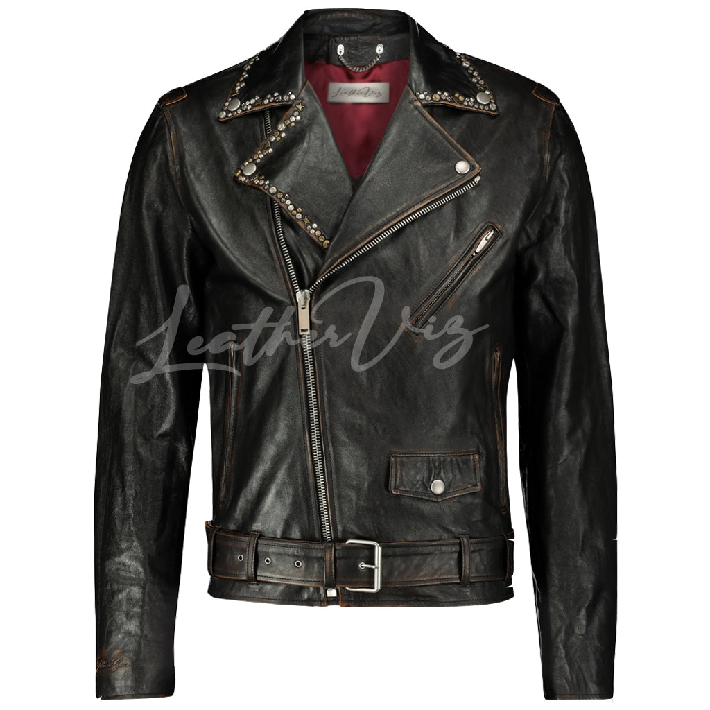 COLLAR  STUD DETAILING MEN BIKER LEATHER JACKET