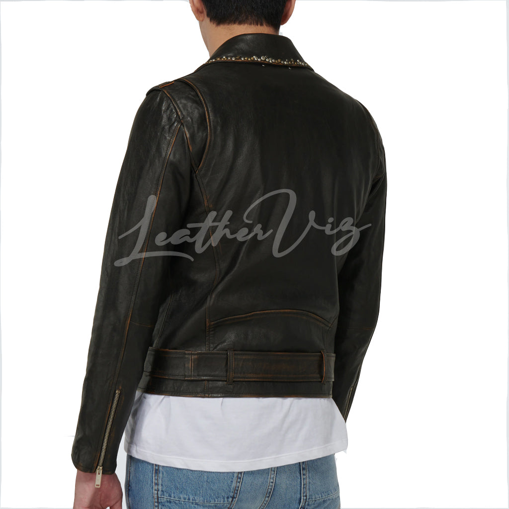 COLLAR  STUD DETAILING MEN BIKER LEATHER JACKET