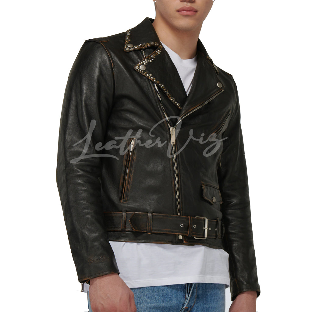 COLLAR  STUD DETAILING MEN BIKER LEATHER JACKET