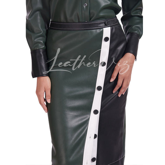 COLOR BLOCK STYLE WOMEN LEATHER SKIRT