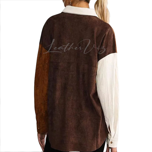 COLOR BLOCK WOMEN SUEDE LEATHER SHIRT
