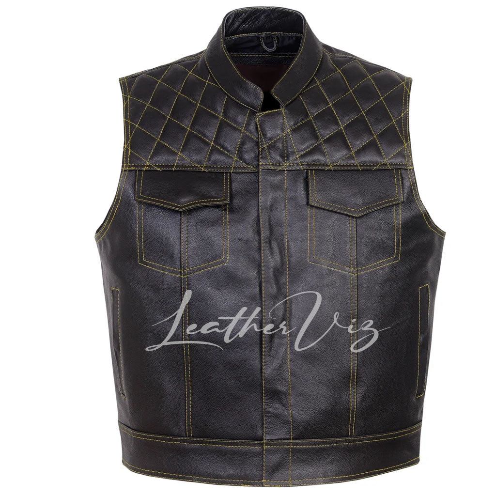 CONTRAST STICH QUILTED STYLE MEN LEATHER VEST
