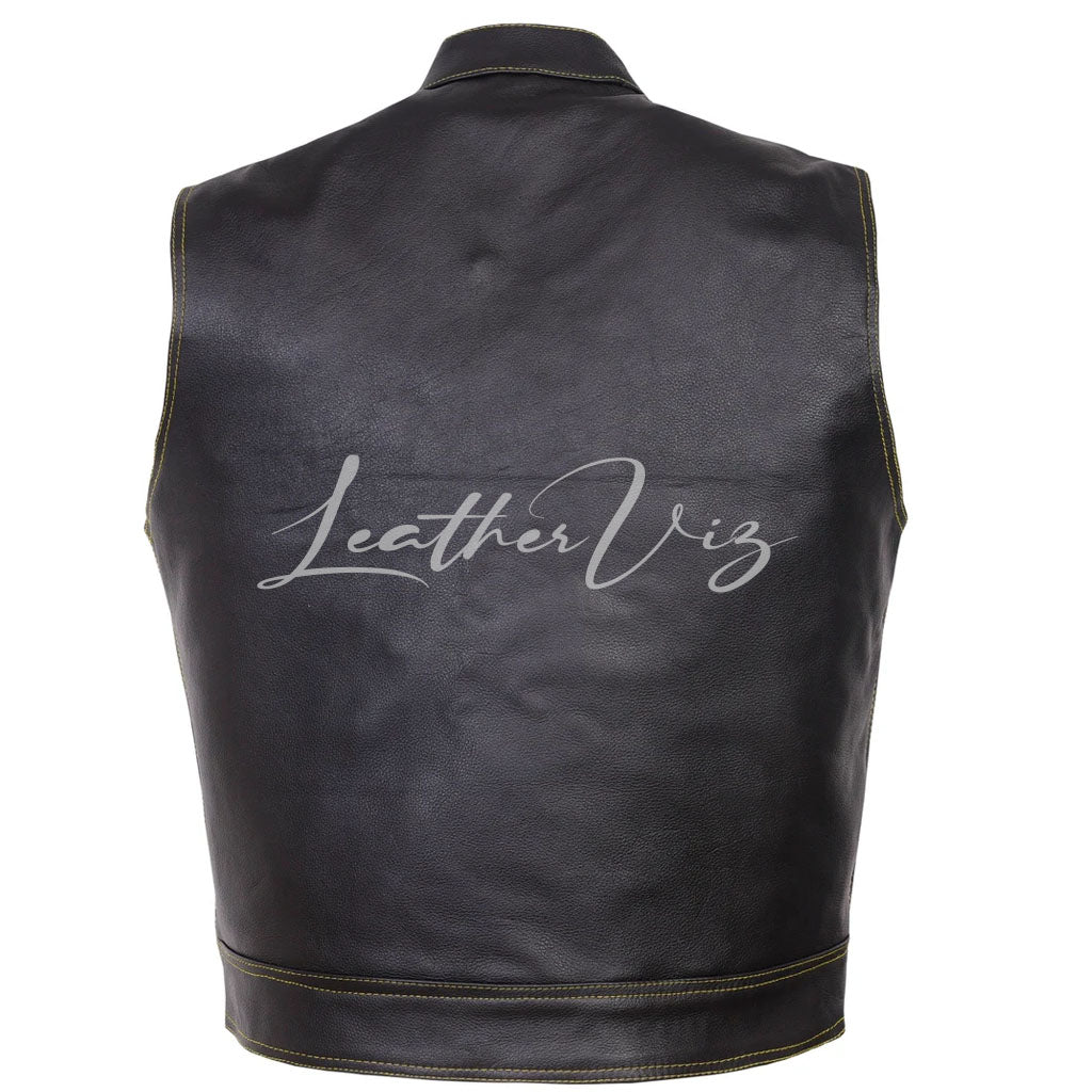 CONTRAST STICH QUILTED STYLE MEN LEATHER VEST