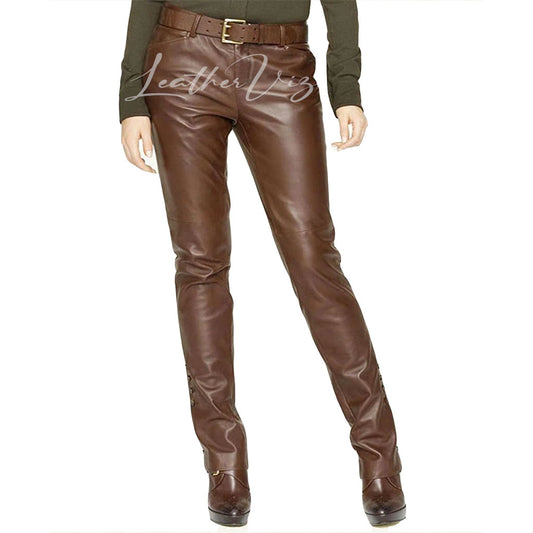 CORPORATE BUTTON DETAILING HEM WOMEN LEATHER TROUSERS