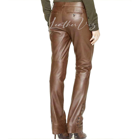 CORPORATE BUTTON DETAILING HEM WOMEN LEATHER TROUSERS