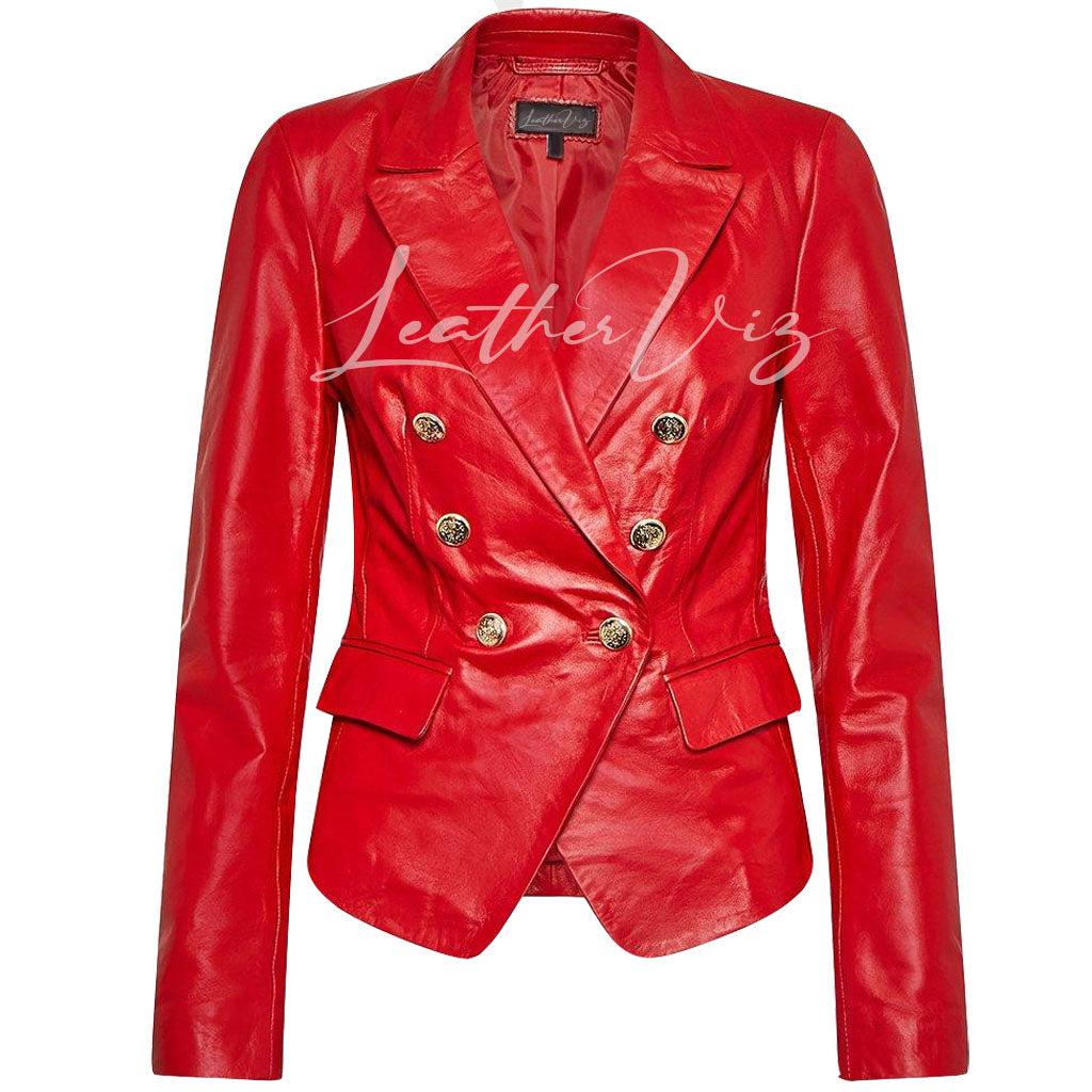CORPORATE DOUBLE BREASTED WOMEN RED LEATHER BLAZER