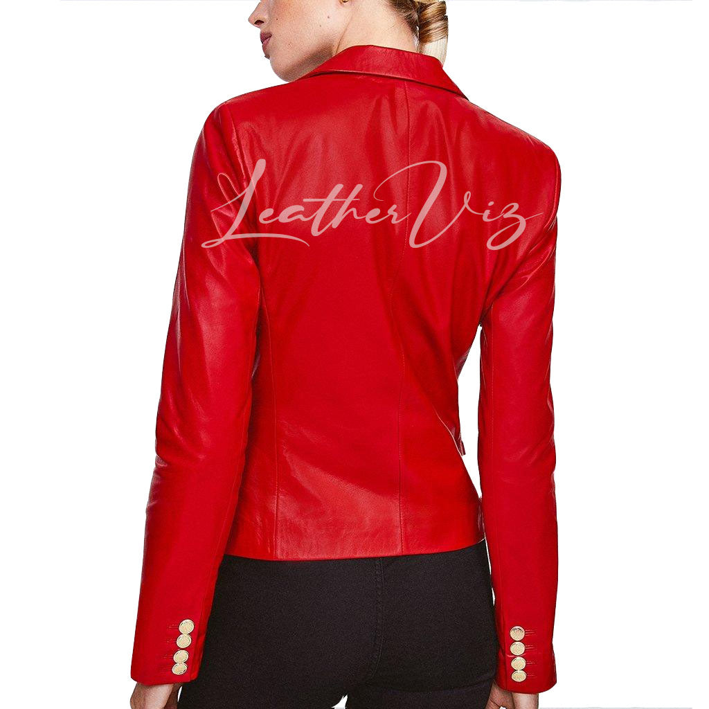 CORPORATE DOUBLE BREASTED WOMEN RED LEATHER BLAZER