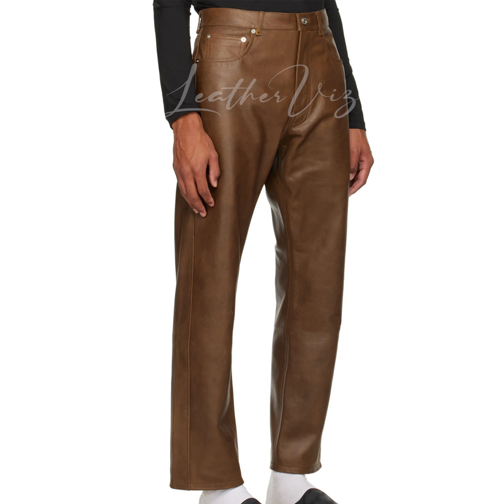 CORPORATE STYLE BROWN MEN LEATHER PANTS