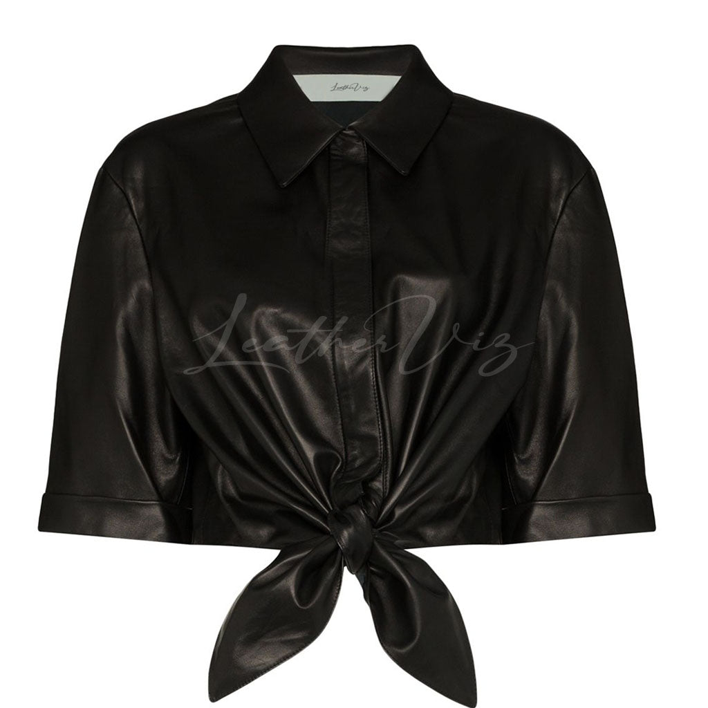 CROPPED TIED WOMEN LEATHER SHIRT