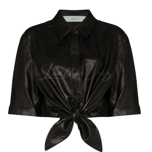 CROPPED TIED WOMEN LEATHER SHIRT