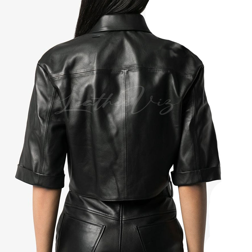 CROPPED TIED WOMEN LEATHER SHIRT