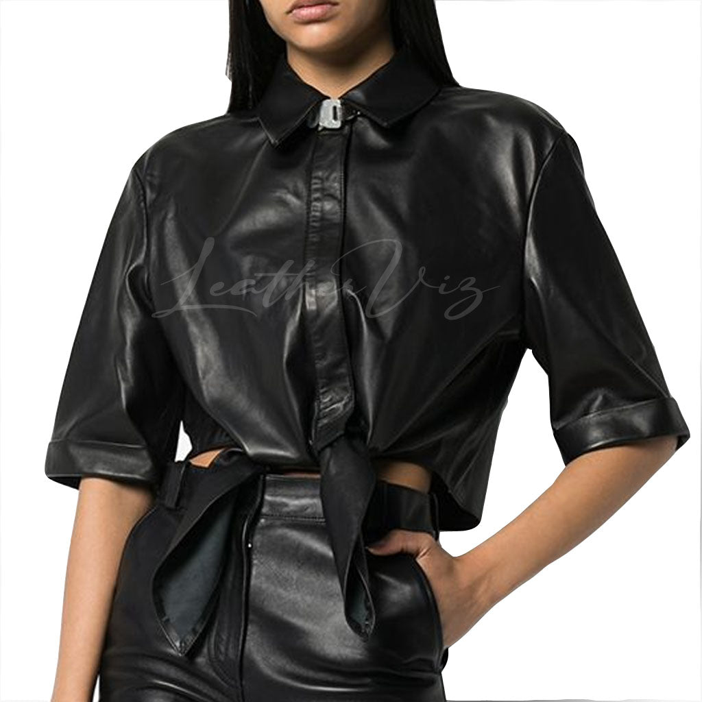 CROPPED TIED WOMEN LEATHER SHIRT