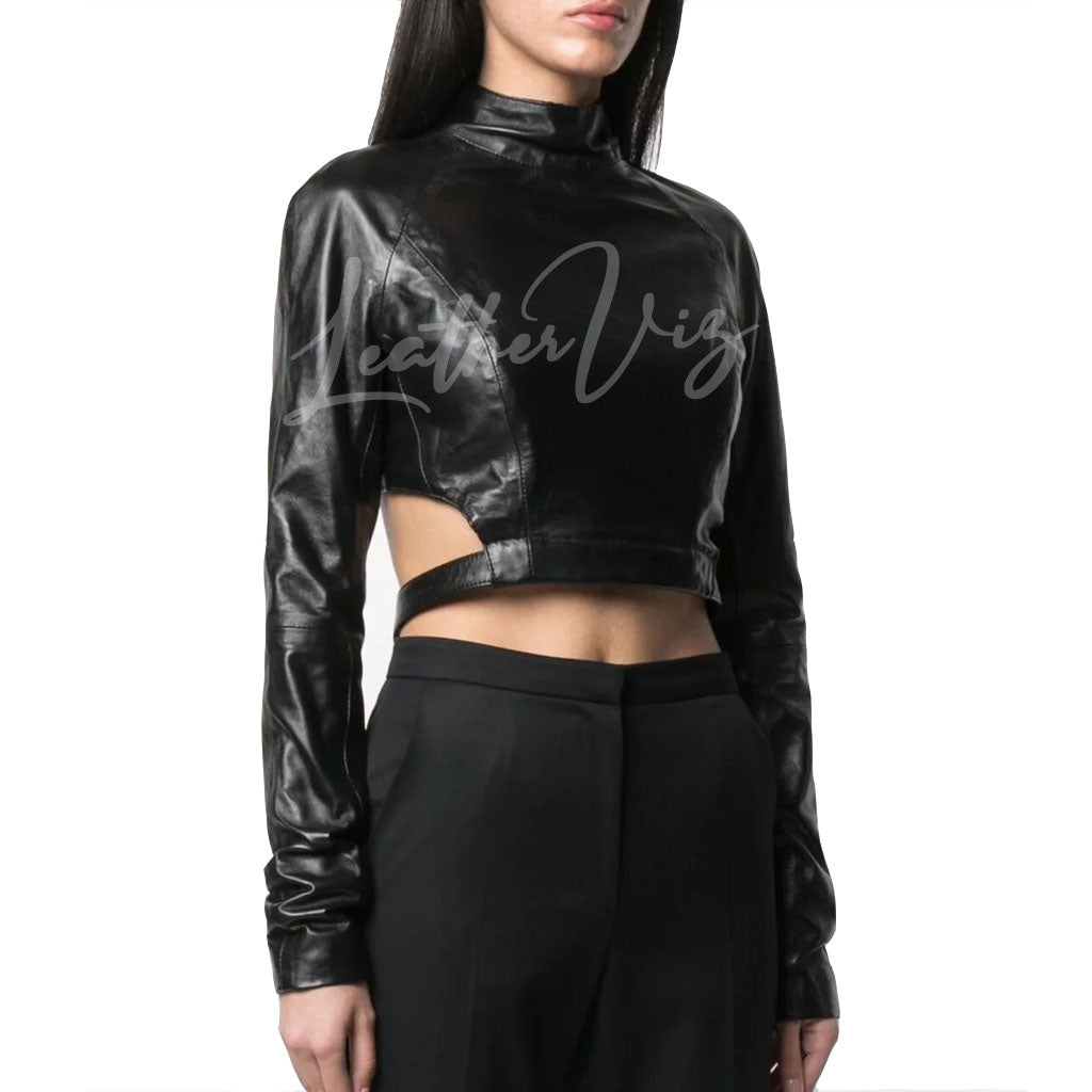 CUT-OUT STYLE WOMEN LEATHER TOP