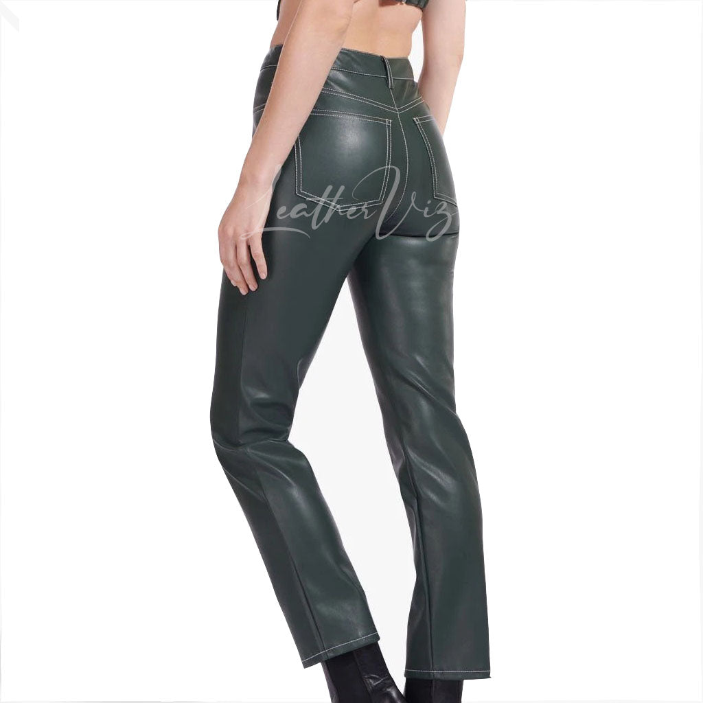 DARK GREEN WOMEN LEATHER TROUSERS