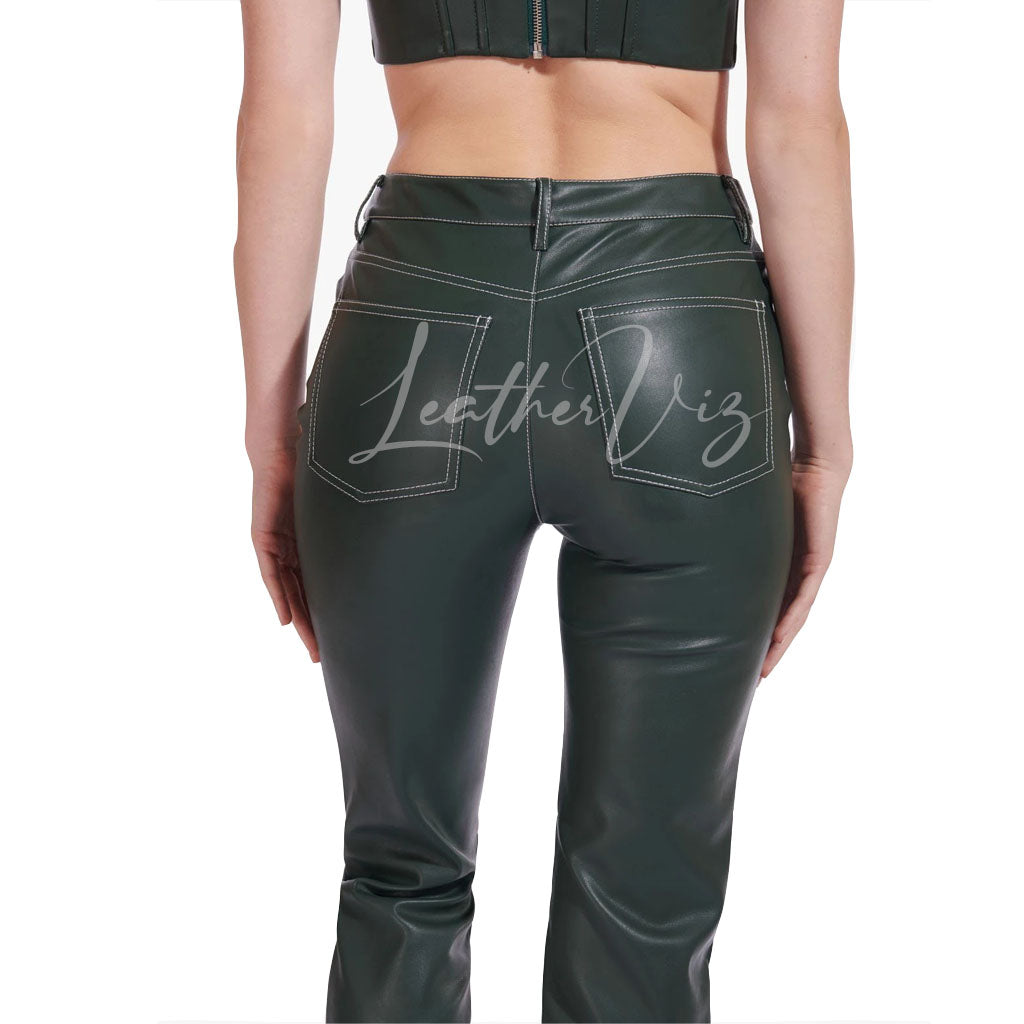 DARK GREEN WOMEN LEATHER TROUSERS