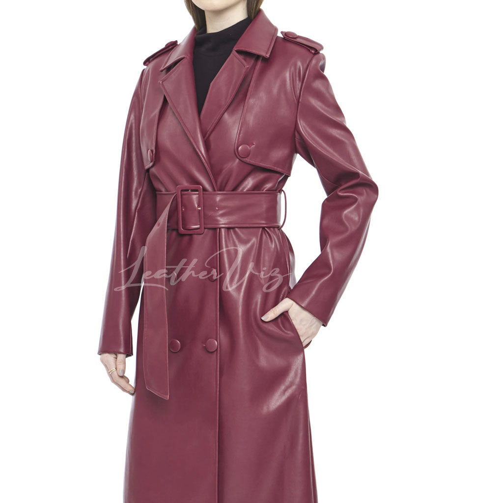 DARK RED WOMEN LEATHER TRECH COAT