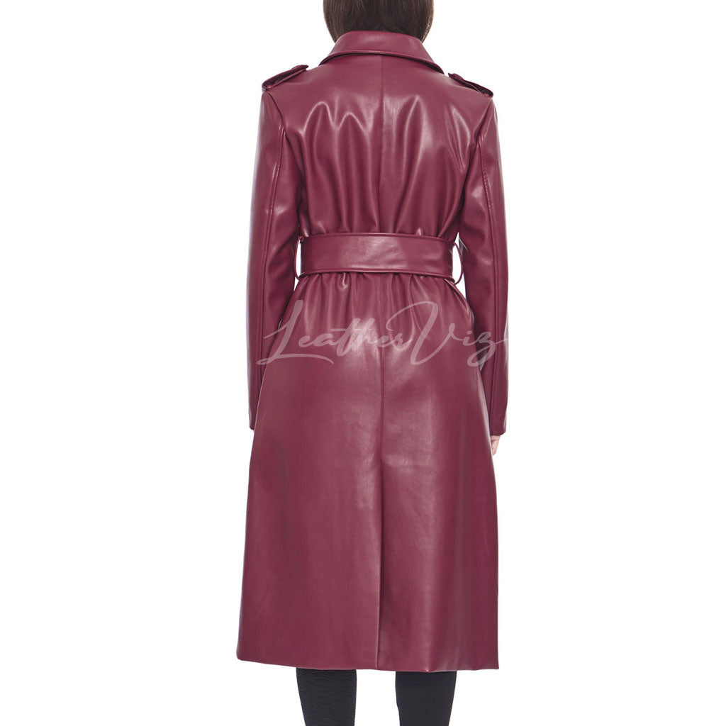 DARK RED WOMEN LEATHER TRECH COAT