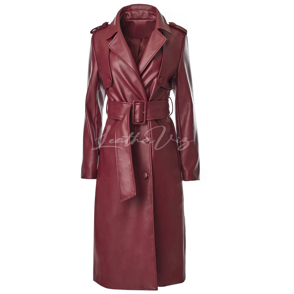 DARK RED WOMEN LEATHER TRECH COAT