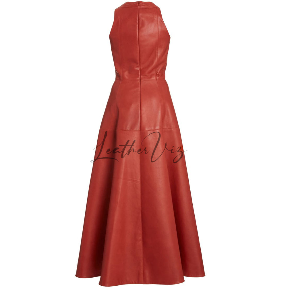 DEEP NECK A LINE MIDI DRESS LEATHER GOWN FOR WOMEN
