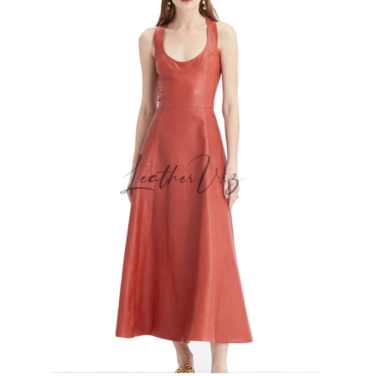 DEEP NECK A LINE MIDI DRESS LEATHER GOWN FOR WOMEN