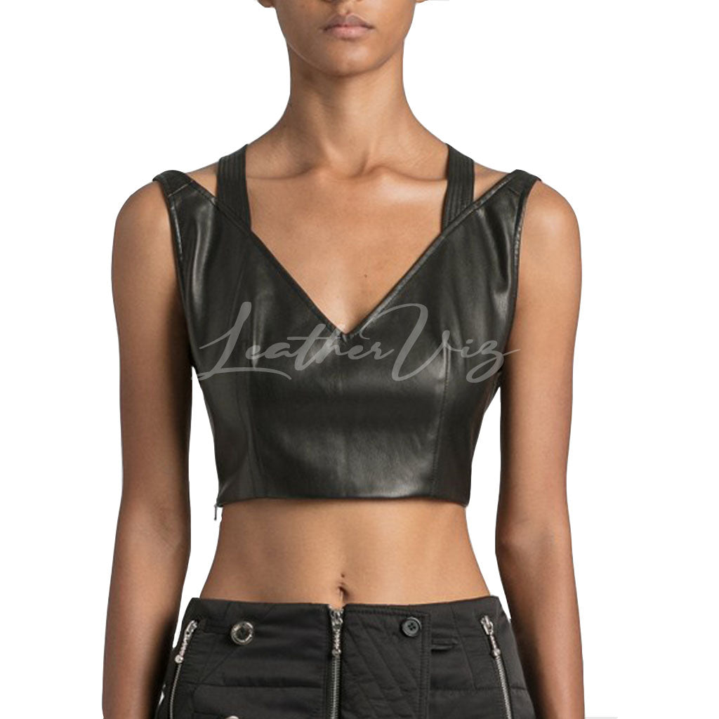 DEEP V NECKLINE WOMEN HOT LEATHER CROPPED TOP