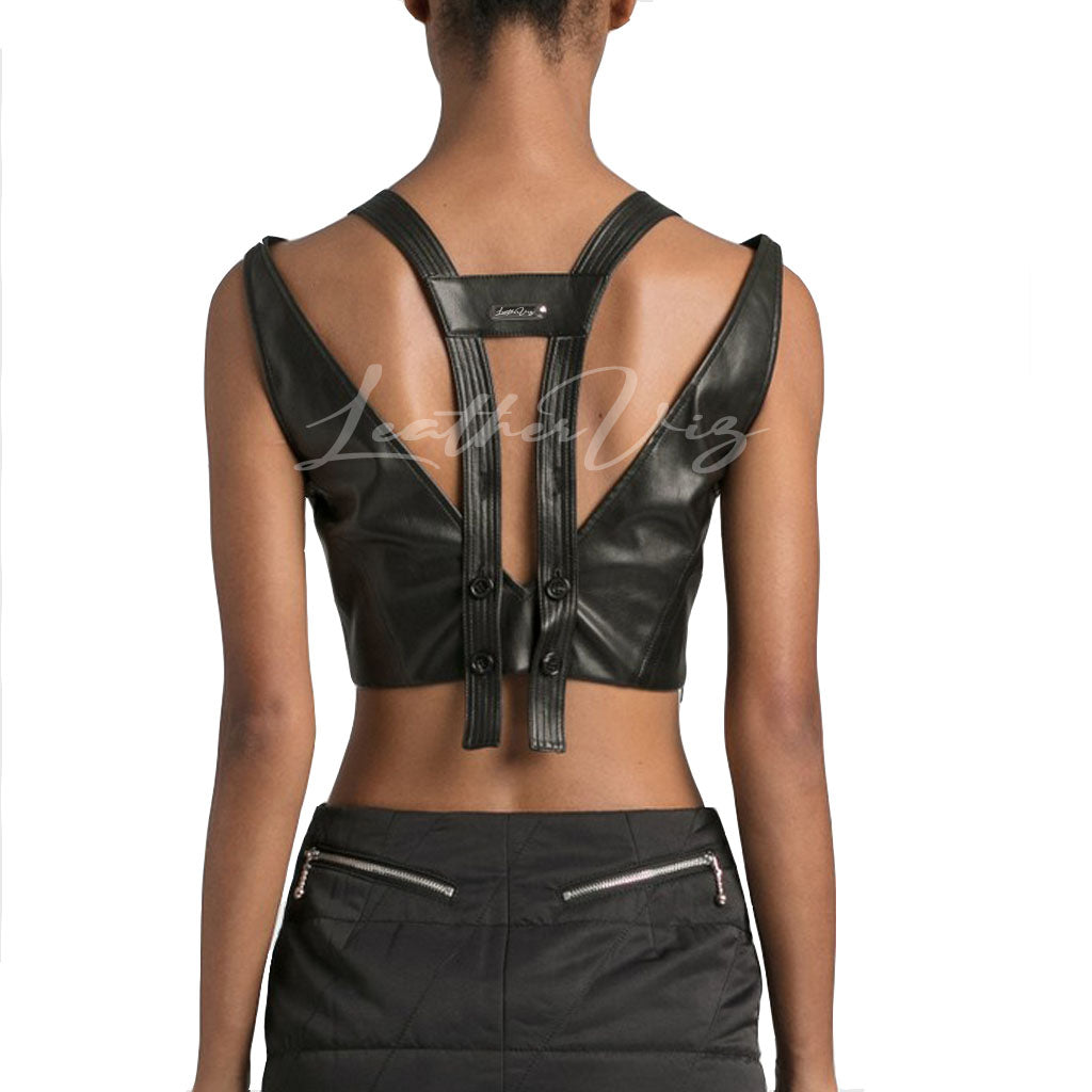 DEEP V NECKLINE WOMEN HOT LEATHER CROPPED TOP