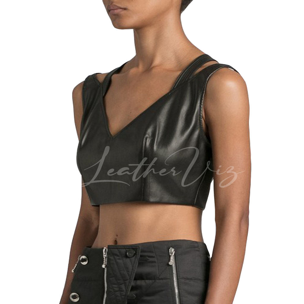 DEEP V NECKLINE WOMEN HOT LEATHER CROPPED TOP