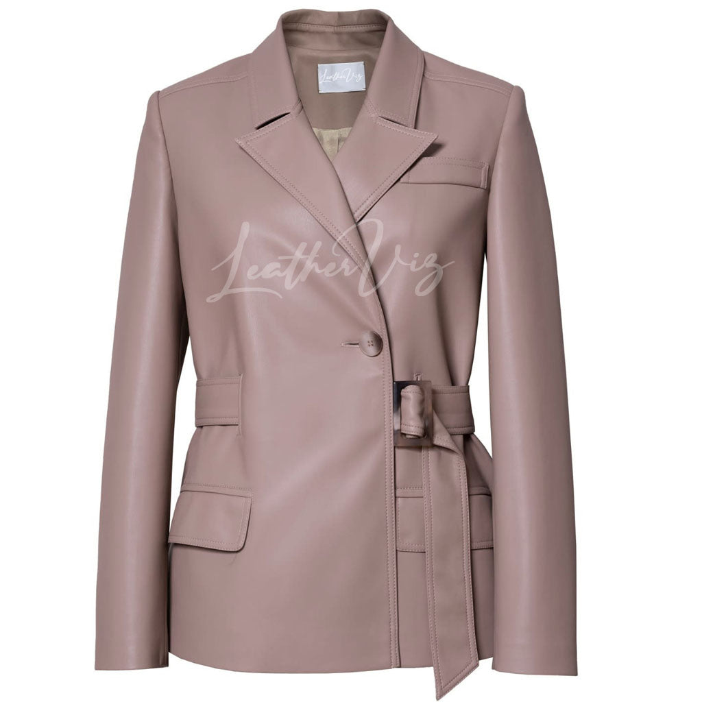 DOUBLE-BREASTED BELTED STYLE WOMEN LEATHER BLAZER