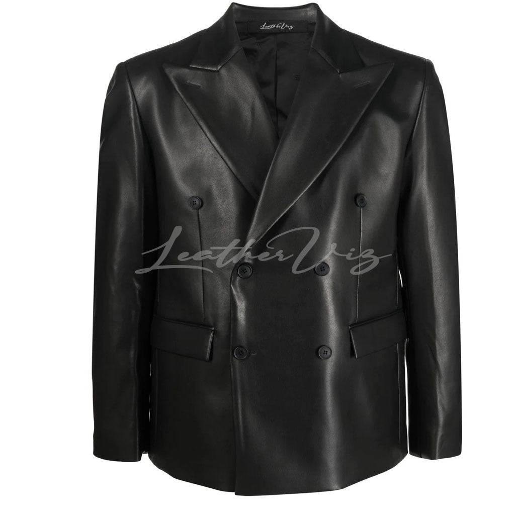 DOUBLE-BREASTED  BLACK LEATHER CORPORATE BLAZER