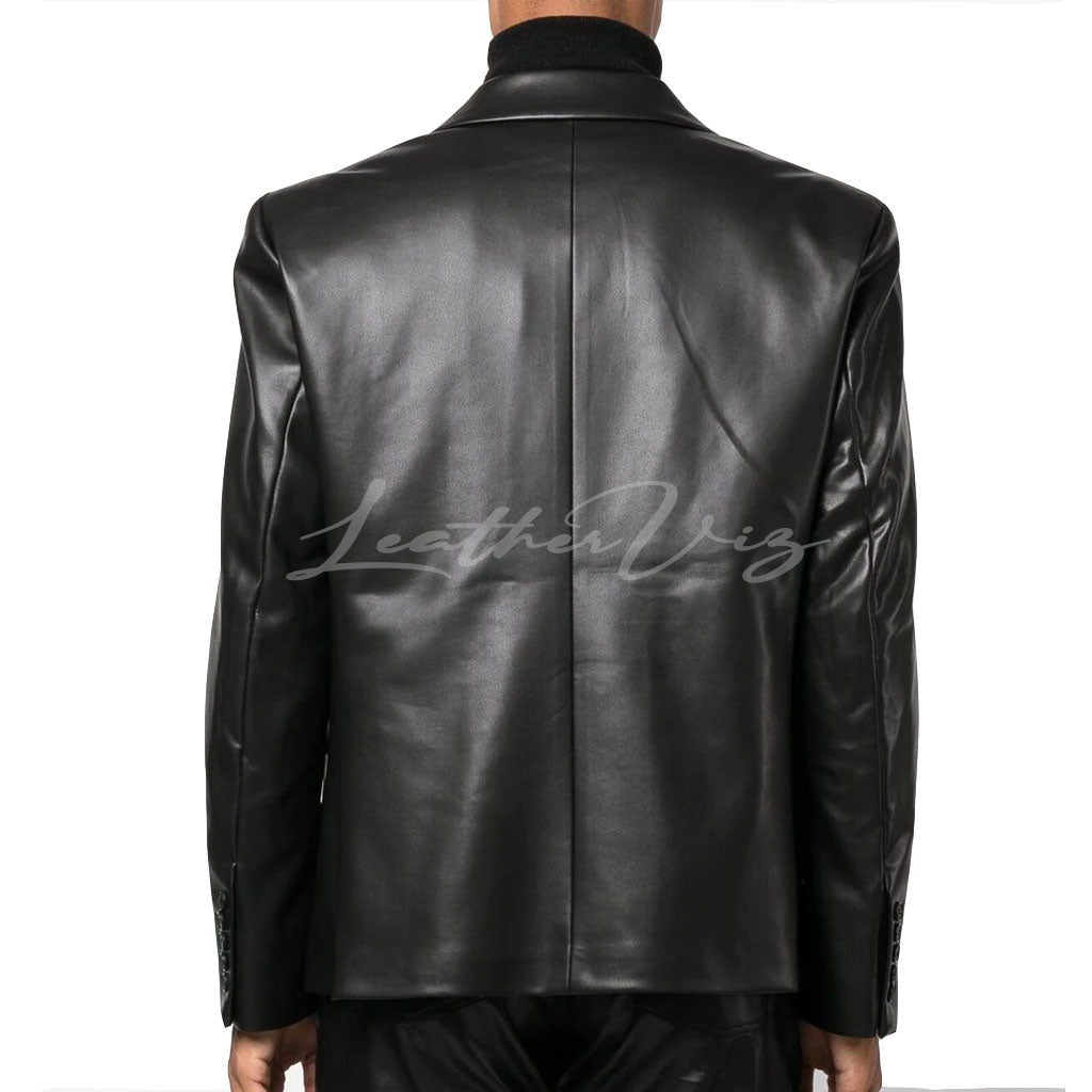 DOUBLE-BREASTED  BLACK LEATHER CORPORATE BLAZER