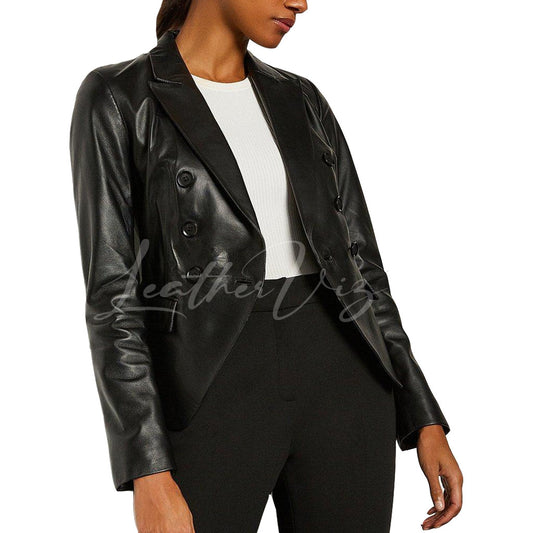 DOUBLE-BREASTED BUTTON CLOSURE WOMEN LEATHER BLAZER