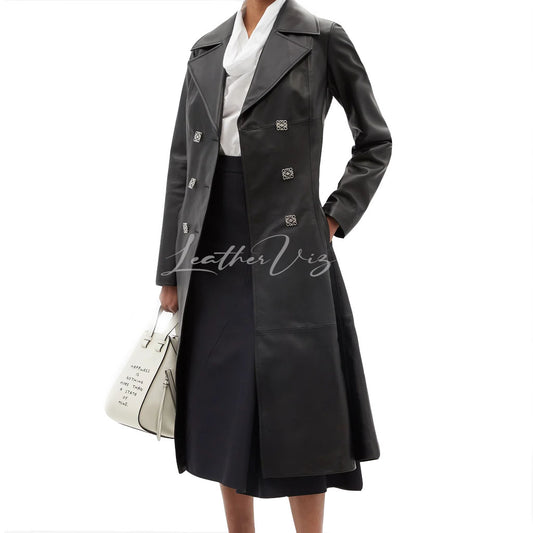 DOUBLE-BREASTED FLARED LEATHER TRENCH COAT FOR WOMEN