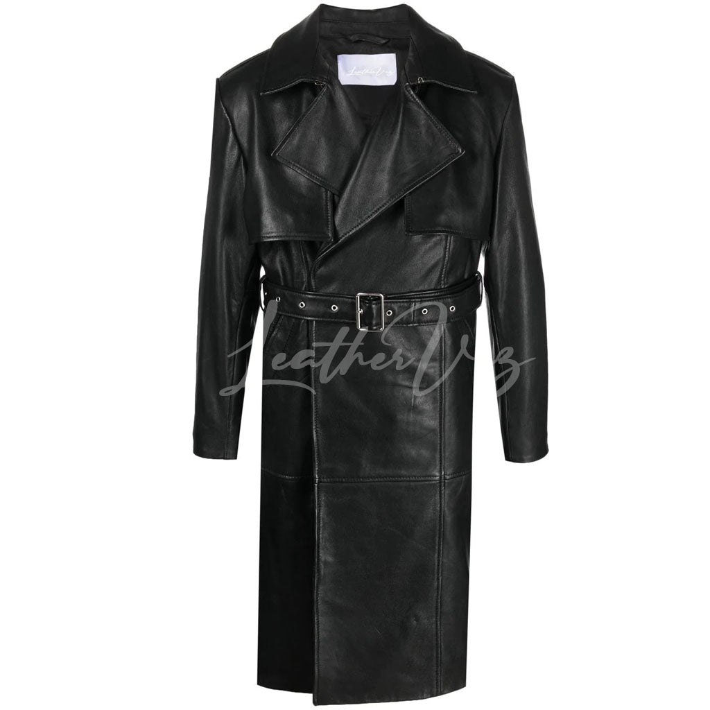 DOUBLE-BREASTED MEN LEATHER BELTED TRENCH COAT